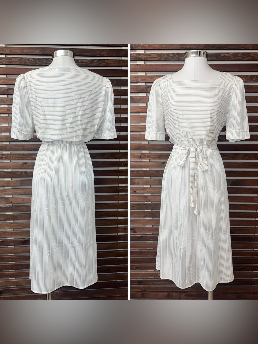 1970s Vintage White Pink Green Purple Striped Silver Metallic Tie Waist Dress